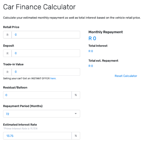 A screenshot of how AutoTrader's Car Finance Calculator looks.