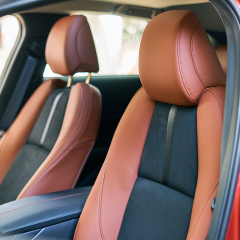 Image of the black and terracotta leather seats.
