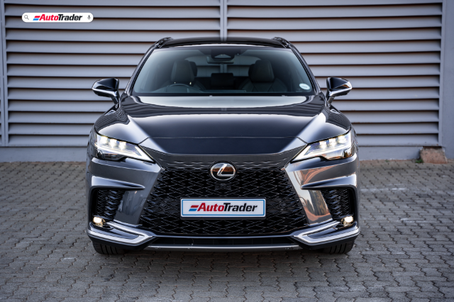 head-on view of a dark grey Lexus RX 350 F-Sport