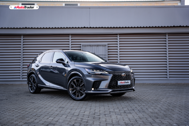 Front three quarter view of a dark grey Lexus Rx 350 F-Sport