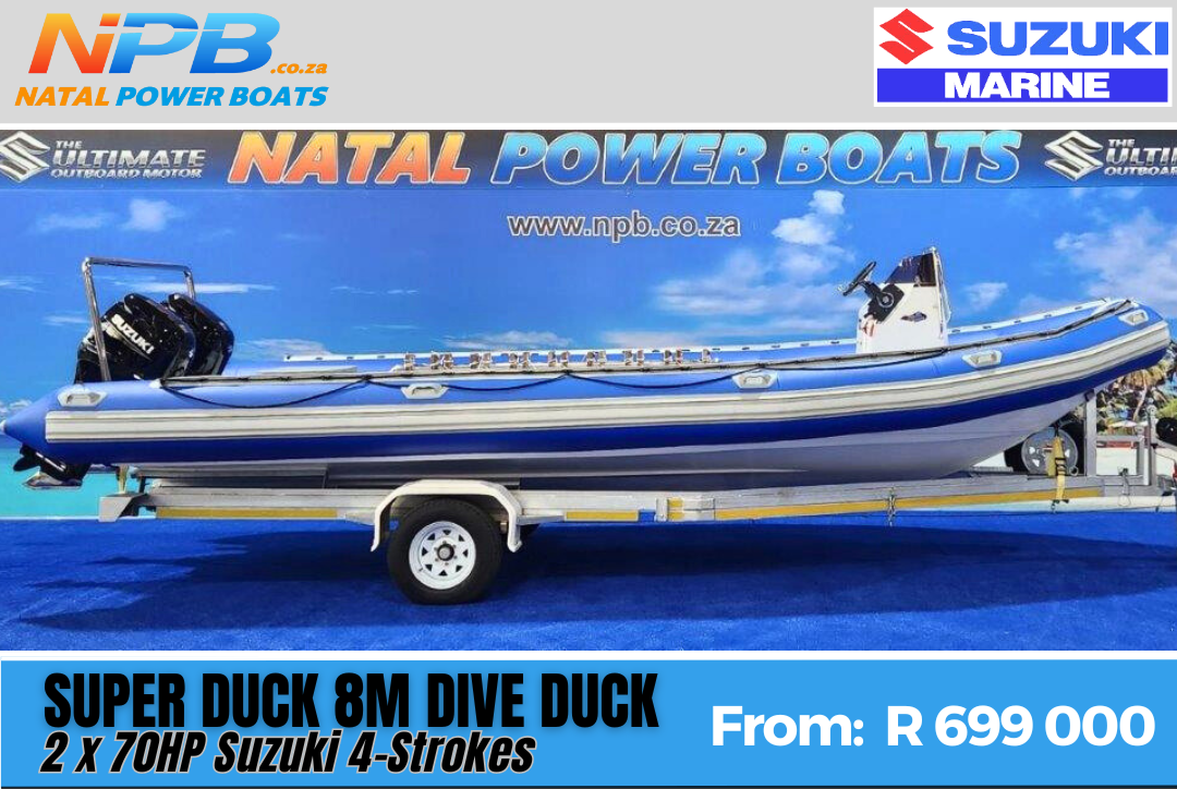 Boats - Brand New 2024: Super Duck 8M Dive Duck Stand-up Console 2 x 70HP Suzuki 4-Strokes on Galvanized Breakneck Trailer Natal Power Boats