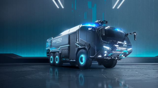 The image depicts a futuristic, electric vehicle labeled "Panther" with a sleek, modern design and illuminated blue accents, set in a high-tech environment.
