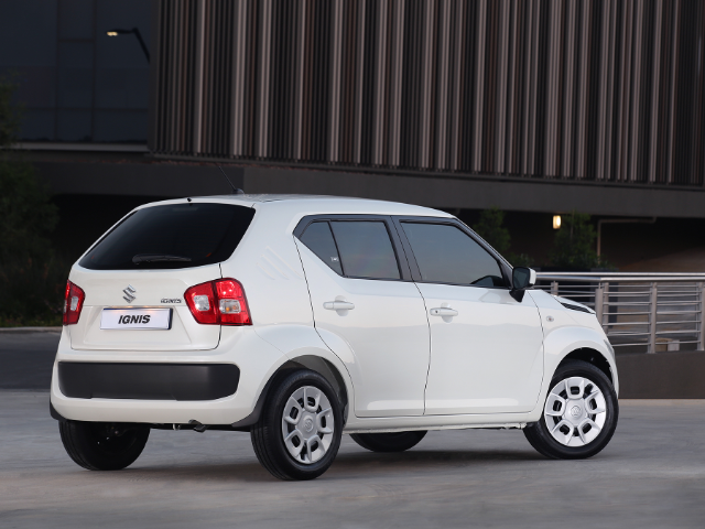 Rear three quarter shot of a white Suzuki Ignis