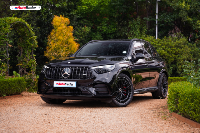 2025 Mercedes-AMG GLC63 S E Performance in black. Front three quarter