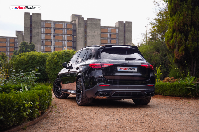 2025 Mercedes-AMG GLC63 S E Performance in black. Rear three quarter