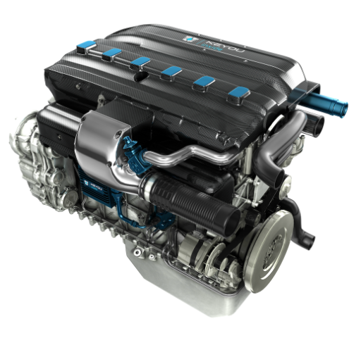 he image shows a detailed, computer-generated render of a high-performance car engine. It features a sleek black carbon fiber engine cover with blue accents. Various components such as pipes, a turbocharger, and a metallic flywheel are visible. 