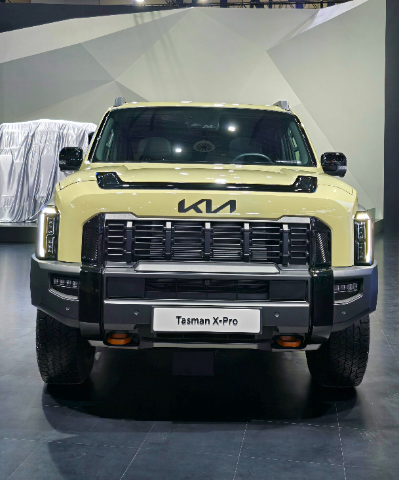 A front view of a yellow SUV with a bold and rugged design displayed on an indoor showroom floor. The car features a large black grille, distinctive angular headlights, and a logo on the hood. Below the grille, there is a license plate displaying "Tasman X-Pro." The background includes a geometric wall design and a partially covered vehicle on the left side.