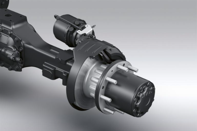Image of a planetary hub reduction axle system, featuring a robust and detailed metal construction. The axle assembly includes visible components such as the hub, wheel bolts, and braking mechanism, designed for heavy-duty applications. The background is a neutral gradient, emphasizing the machinery.