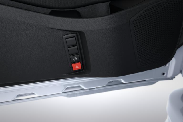A close-up view of a car's interior door panel, showcasing a black textured surface with two rectangular buttons aligned vertically and a red triangular hazard button below them. The bottom part of the door’s white frame is visible.