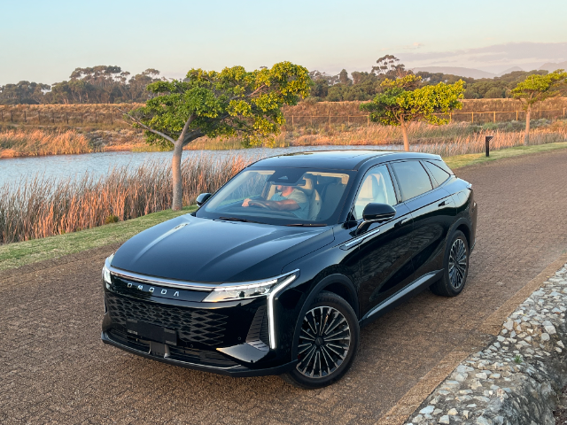 A black Omoda C9 SHS with trees and a lake in the background.