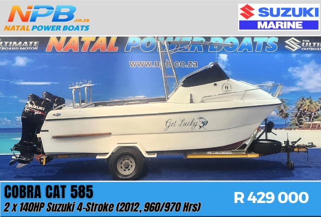 Cobra Cat 585 - 2 x 140HP Suzuki 4-Strokes (2012, 960/970Hrs) on Galvanized Breakneck Trailer Natal Power Boats