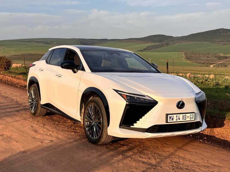 Three-quarter front view of the Lexus RZ with angular, aggressive styling.