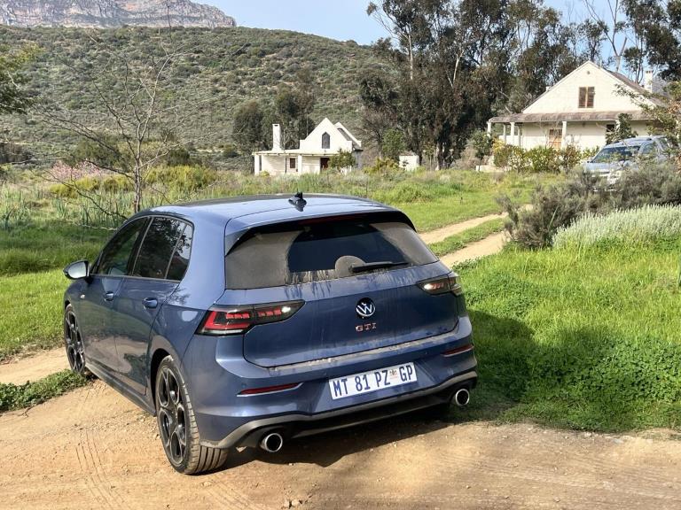 Rear three-quarter view of the Golf GTI.