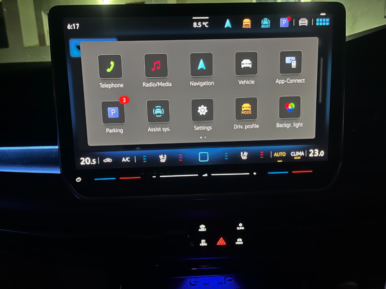 Close-up view of the large touchscreen in the Golf GTI.