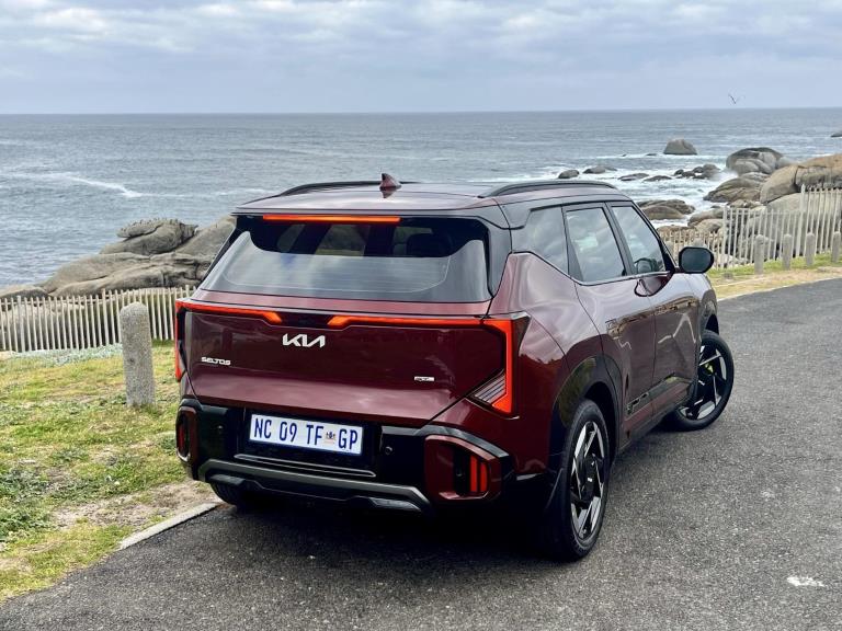 Three quarter rear view of the Kia Seltos in Cape Town.