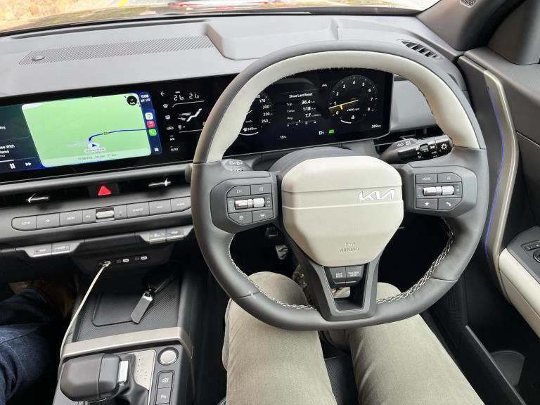 The steering wheel of the Kia Seltos GT Line S.