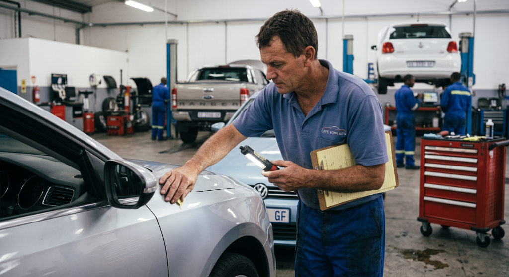 A man inspecting a car.
