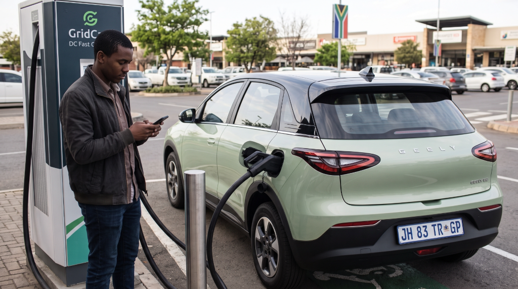 An African man charging his Geely E2 at a public charging point.