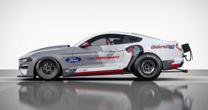 Ford Mustang E-dragster preparing to charge down the strip